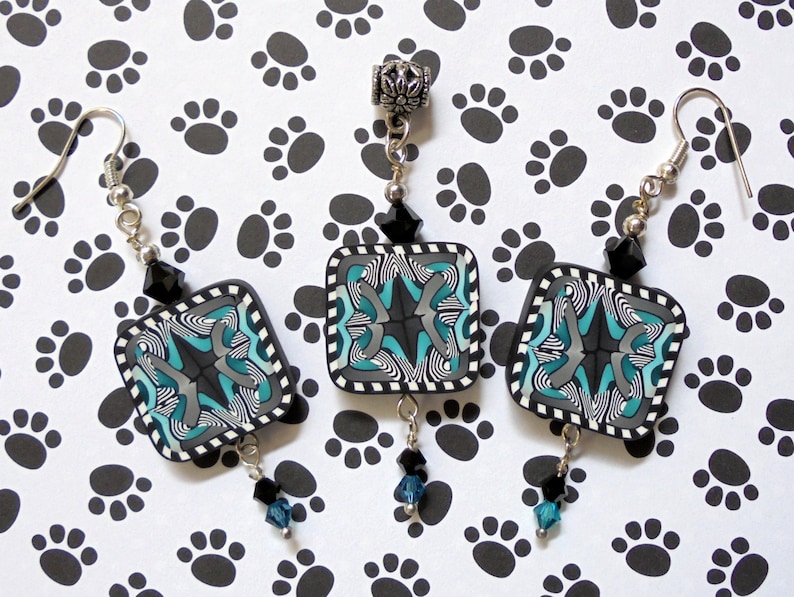 0592 White and Teal Pendant and Earrings Black