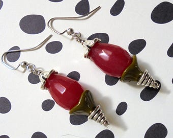 Fuschia Pink, Olive Green and Silver Flower Bud Earrings (3415)