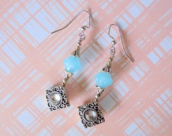 Light Blue, Silver and Crystal Earrings (4393)