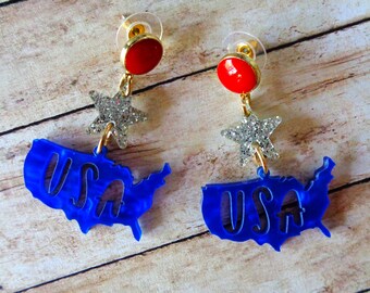 Red, White and Blue USA Map Patriotic Independence Day Boho Earrings (10346)