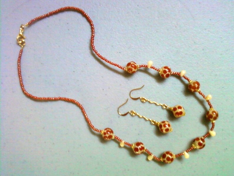 Animal Print Jewelry Giraffe Print Jewelry 0709 Burnt Orange and Dark Cream Polka Dot Necklace and Earring Set