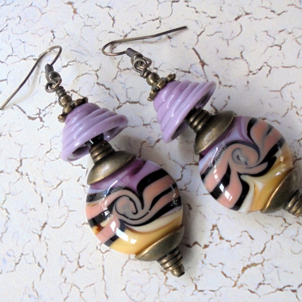Lavender, Lemon Chiffon, Papaya and Black Swirl Lampwork Earrings (3309)