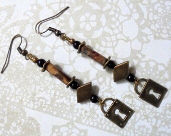 Boucles d'oreilles marron, laiton, noir et jaspe arc-en-ciel (2970)