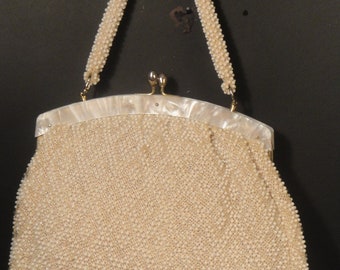 Handmade Cream Beaded Ladies Purse Pearl Top Frame Kiss-lock Closure