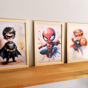 Juego de 3 carteles de superhéroes para niños: carteles de Marvel en formato A4 para habitaciones infantiles. Decoración de pared para dormitorio infantil.