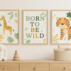 Set of 3 Savannah Wall Art Prints for Kids Room | Personalized Animal Posters | Safari Lion Elephant Giraffe Zebra