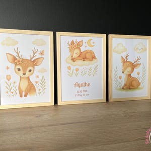 Juego de 3 pósteres personalizables de cervatillos en acuarela: decoración para habitación de bebé, tamaño A4