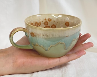 Handmade Ceramic Mug with Spoon: Sage Green Glaze, 8oz