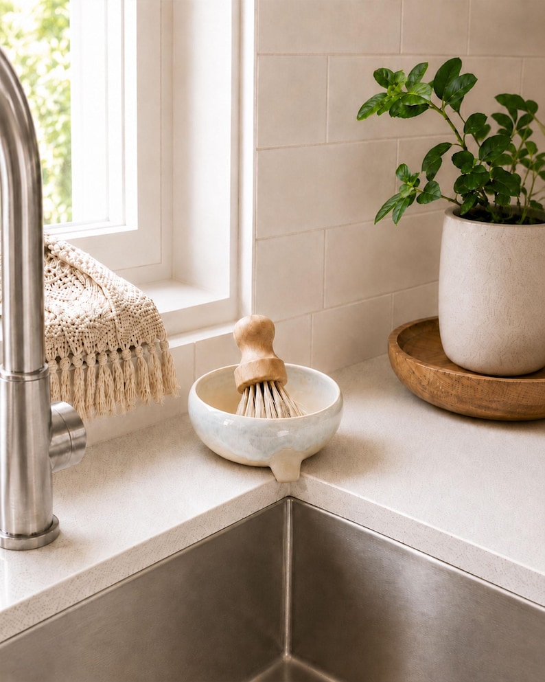 May include: A kitchen sink with a stainless steel faucet and a ceramic dish with a wooden-handled brush. A small potted plant sits on a wooden tray. A window with a cream-colored crocheted cloth is in the background.