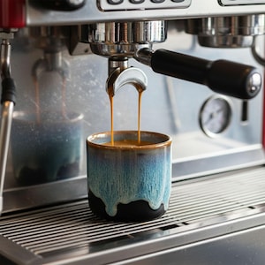 May include: A ceramic coffee mug with a blue and black glaze is filled with fresh espresso from a commercial espresso machine. The coffee stream is a rich brown color, and the mug sits on a metal grate.