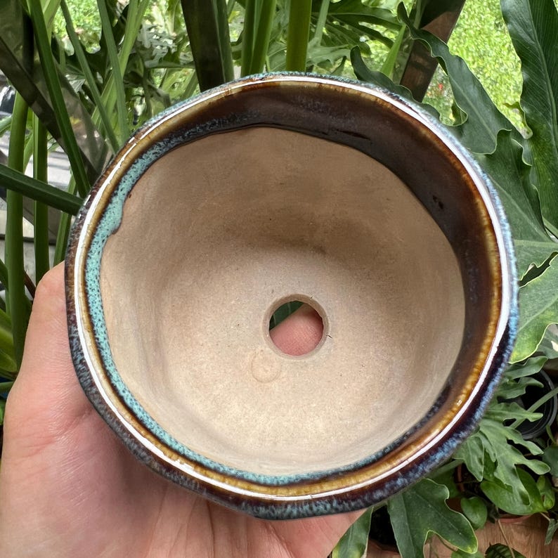 May include: A round ceramic planter with a beige interior and a drainage hole at the bottom. The rim features a decorative glaze transition with bands of dark brown, metallic bronze, and a vibrant turquoise blue along the outer edge.