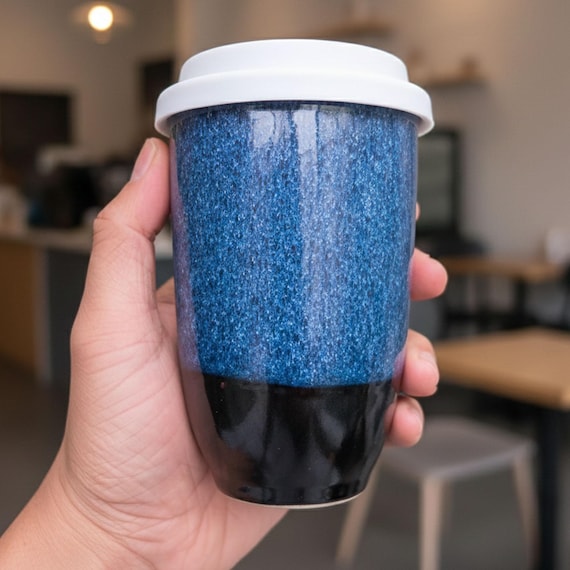 Handmade Ceramic Travel Mug - Midnight Blue Reactive Glaze, 12oz