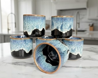 Handmade Ceramic Espresso Cup: Blue Drip Glaze, Minimalist Pottery