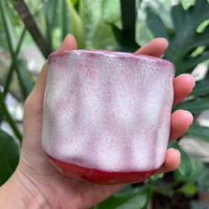 May include: A small, cylindrical ceramic cup featuring a glossy finish with a gradient of deep red at the base transitioning into a textured, speckled white and soft pink glaze across the upper body, showcasing a slightly irregular, wavy rim.