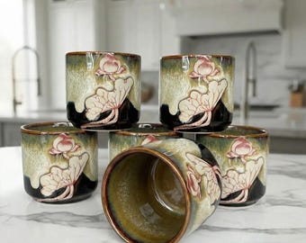 Lotus Harmony Espresso Cup with Reactive Glaze, Artisan Carved Design for Daily Rituals