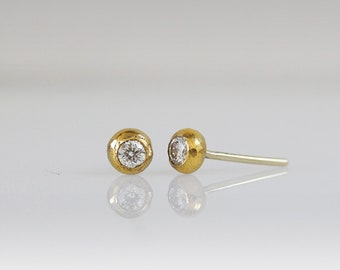 solid 24K gold - diamond stud earrings - diamond Earrings - stud earrings - 24k gold earrings - diamond gold stud - hand made studs