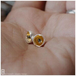 May include: A pair of silver earrings with a gold interior. The earrings are small and delicate, and they have a unique, organic shape.