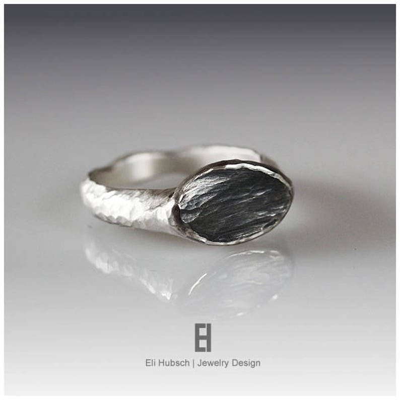 hand forged and shaped BLACK SIGNET RING Pure silver