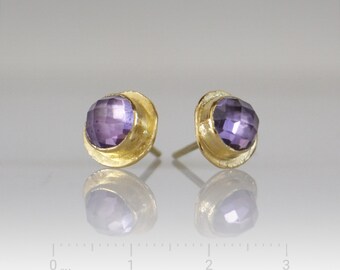 24K Solid Gold Amethyst Stud Earrings, Hand made gold earrings, Rose cut amethyst earrings, Post Earrings, Stone Earrings, Made to order.