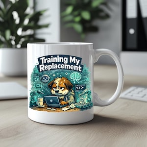 Könnte beinhalten: Weiße Keramiktasse mit einem Cartoon-Hund, der an einem Laptop arbeitet. Die Tasse trägt den Text "Training My Replacement" über dem Hund, umgeben von technischen Grafiken in Türkis und Weiß.