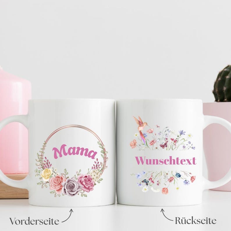 Personalized mom mug with flower motif, gift for Mother's Day, birthday or just because, custom text possible, printed on both sides image 2