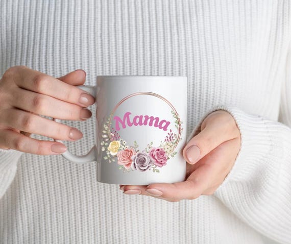 Personalisierte Mama Tasse mit Blumenmotiv,  Geschenk zum Muttertag, Geburtstag oder einfach so,  Wunschtext möglich,  Beidseitig bedruckt