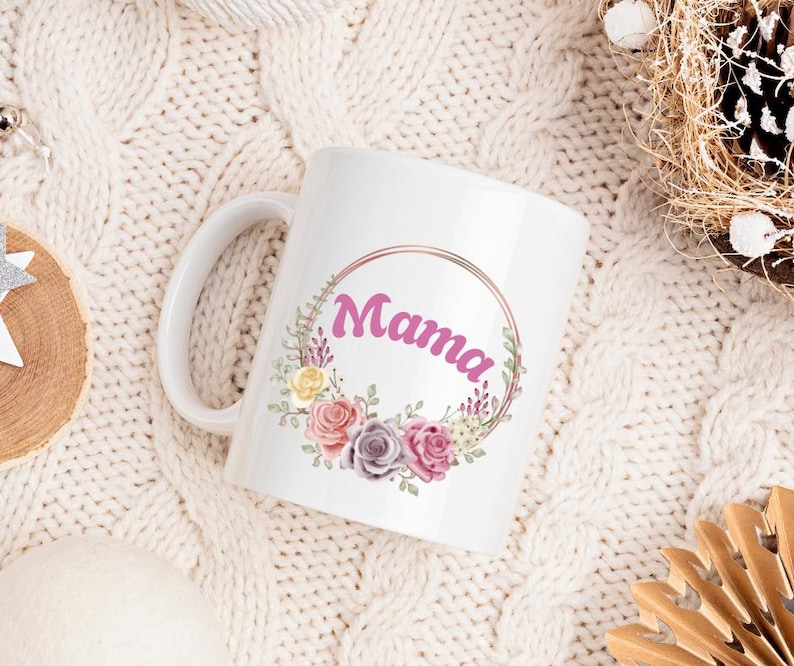 Personalized mom mug with flower motif, gift for Mother's Day, birthday or just because, custom text possible, printed on both sides image 3