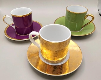 Set of 3 espresso cups with saucers, gold and bright colors, mixed collection