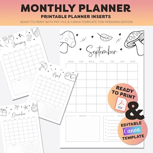 Plantilla de planificador mensual / Calendario de 12 meses / Inicio lunes y domingo / A4 + Carta (EE. UU.) / Editable en Canva + PDF imprimible / Páginas de planificador