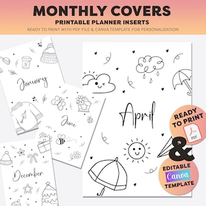Portadas mensuales / Calendario de 12 meses / Planificador imprimible / A4, A5 + Carta (EE. UU.) / Editable en Canva + PDF imprimible / Página de bullet journal