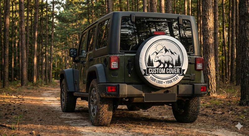 May include: A dark green Jeep SUV parked on a dirt path in a forest. The spare tire cover features a circular design with a bear, mountains, and the text "CUSTOM COVER" and "YOUR LOGO - YOUR TEXT".