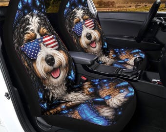 Patriotic Bernedoodle Midnight Blue Butterflies Car Seat Covers (2Pcs): Floral Polar Fleece Protector Set