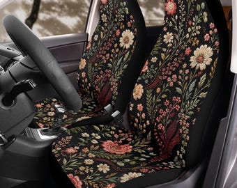 Fundas para asientos de coche negras con diseño de jardín de flores silvestres bordadas en imitación (2 piezas): Juego de protectores de forro polar con estampado floral.