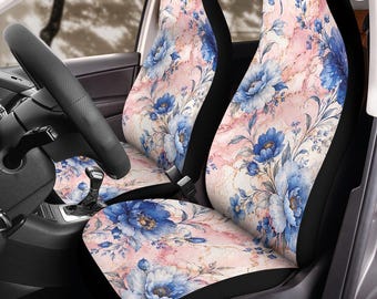 Blue Watercolor Floral & Pink Marble Luxe Car Seat Covers (2Pcs): Floral Polar Fleece Protector Set