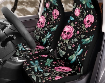 Mystic Dragonfly & Gothic Pink Skull Blossoms Car Seat Covers (2Pcs): Floral Polar Fleece Protector Set