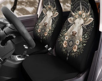 Fundas para asientos de coche con estampado floral de vaca brújula de las Tierras Altas (2 unidades): Juego de protectores de forro polar con estampado floral.