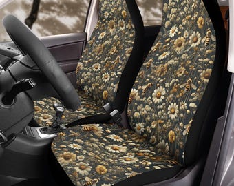 Honey Bee Charcoal Background Car Seat Covers (2Pcs): Floral Polar Fleece Protector Set
