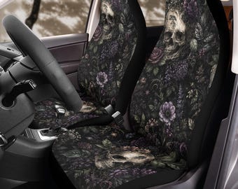 Dark Botanical Skull Car Seat Covers (2Pcs): Floral Polar Fleece Protector Set