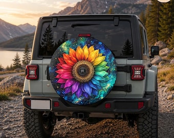 Cosmic Galaxy Rainbow Sunflower Spare Tire Cover – Waterproof Protector with Camera Hole