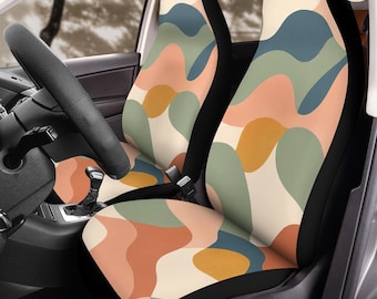 Abstract Retro Color Block Car Seat Covers (2Pcs): Floral Polar Fleece Protector Set