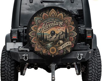 Boho Adventure Mountain Mandala Spare Tire Cover – Waterproof Protector with Camera Hole