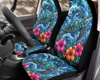 Cosmic Sea Turtle & Ocean Waves Car Seat Covers (2Pcs): Floral Polar Fleece Protector Set
