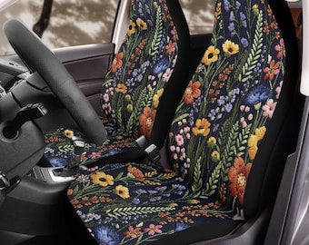 Midnight Meadow Faux Embroidery Car Seat Covers (2Pcs): Floral Polar Fleece Protector Set
