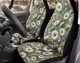Cottage Garden Faux Embroidery Car Seat Covers (2Pcs): Floral Polar Fleece Protector Set