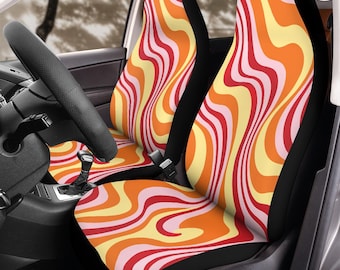 Retro Sunset Candy Waves Car Seat Covers (2Pcs): Floral Polar Fleece Protector Set