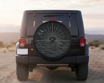 Sunrise Ocean Waves Line Art Spare Tire Cover – Waterproof Protector with Camera Hole