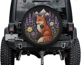Fox Faux Embroidery Spare Tire Cover – Waterproof UV Resistant Protector with Camera Hole