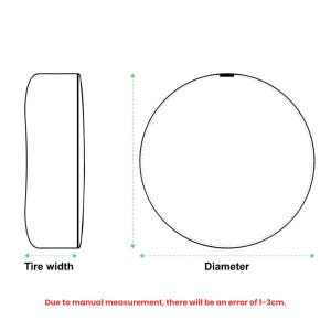 May include: Diagram of a tire, showing tire width and diameter. The text indicates that measurements are approximate, with a potential error of 1-3cm. The image is a technical illustration, likely for automotive or product specifications.