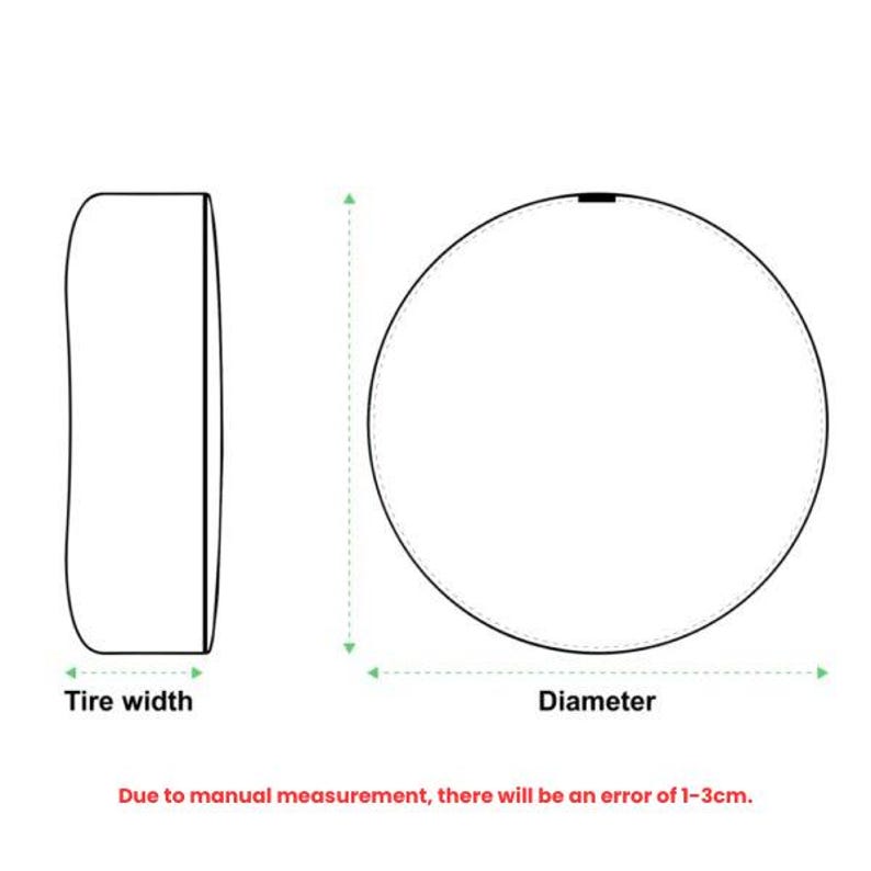 May include: Diagram of a tire, showing tire width and diameter. The text indicates that measurements are approximate, with a potential error of 1-3cm. The image is a technical illustration, likely for automotive or product specifications.