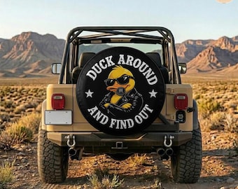 Funny Cool Duck Around and Find Out (Grunge Effect) Spare Tire Cover – Waterproof Protector with Camera Hole